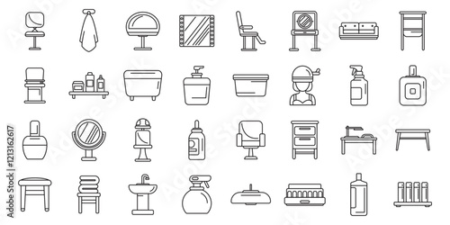 Beauty salon interior icons set. Line drawing representing beauty salon furniture, equipment, and products for professional hair and beauty treatments