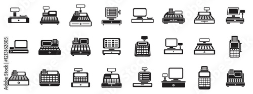 Cashier machine icons set. Collection of cash register icons showcasing various pos systems for efficient retail transactions