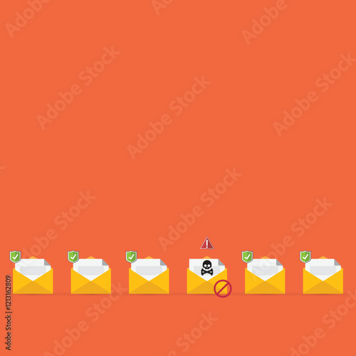 Email / envelope with black document and skull icon. Virus, malware, email fraud, e-mail spam, phishing scam, hacker attack concept. Vector illustration	