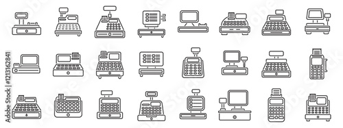 Cashier machine icons set. Collection of cash register icons representing various point of sale systems used in retail stores, supermarkets, and other commercial establishments