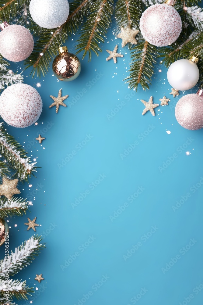 Christmas Banner Mockup, Fir Branches, Golden Stars, And Balls On Blue Background, With Copy Space Christmas Banner Mockup, Fir Branches, Golden Stars, And Balls On Blue Background, With Copy Space