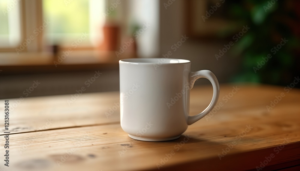 Empty white ceramic mug on wooden table. Mockup image shows simple design. No people objects visible except for mug. Suitable for branding, mockup projects. Possible use cases for social media Empty white ceramic mug on wooden table. Mockup image shows simple design. No people objects visible except for mug. Suitable for branding, mockup projects. Possible use cases for social media