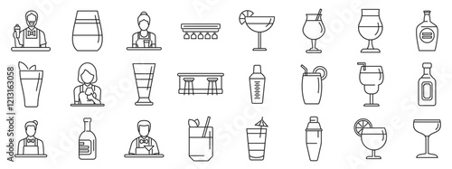 Bartender making cocktail icons set. Line icons representing various aspects of a bar, including bartenders, glassware, cocktails, and bar equipment