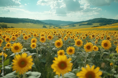 lush landscape of vibrant sunflowers swaying in the gentle breeze stretching towards a bright blue sky filled with soft white clouds