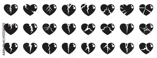 Cracked heart icons set. Different variations of broken heart icons symbolizing heartbreak, conveying feelings of sadness, loss, and emotional pain