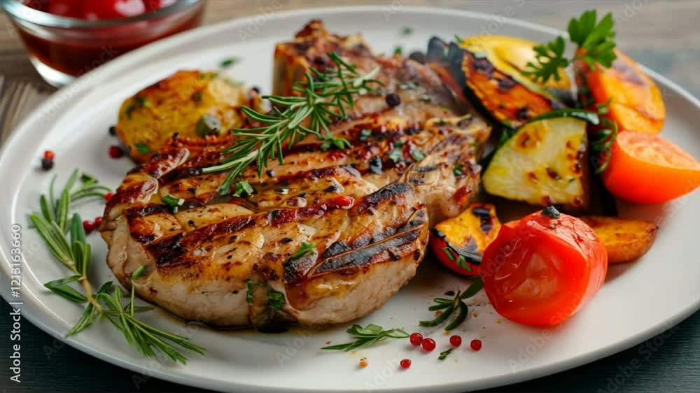 Colorful Gourmet Dinner Delicious Grilled Steak with Roasted Vegetables and Herbs on Plate, Showcasing Appetizing Meal for Food Lovers. Colorful Gourmet Dinner Delicious Grilled Steak with Roasted Vegetables and Herbs on Plate, Showcasing Appetizing Meal for Food Lovers.