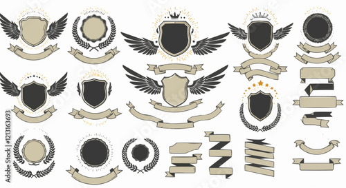 Laurel wreath , shield , wing , ribbon , and banners vector set . Laurel wreath s, shield s, wing s, ribbon s illustration for awards , heraldry , logos , badges , and branding designs