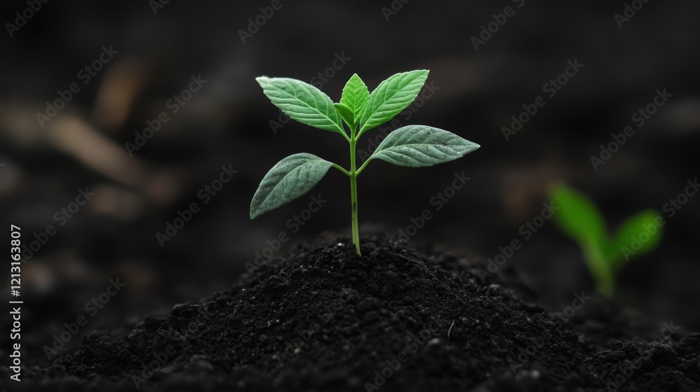 A small green sprout emerges from dark soil, symbolizing new growth and life. A small green sprout emerges from dark soil, symbolizing new growth and life.