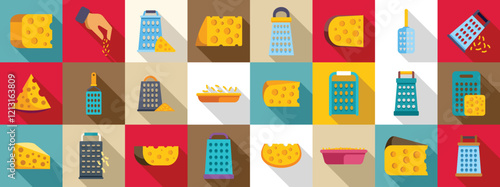 Grated cheese icons set. Grated cheese and cheese graters icons set in flat style with long shadow