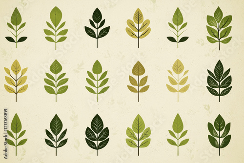 Symmetrical eco-friendly pattern with leafy icons in muted green and olive tones on a light sandy background