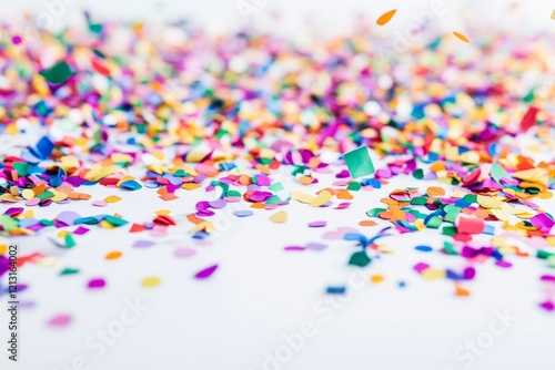 Brightly colored confetti in various shapes and sizes covers a pristine white surface, creating a festive atmosphere perfect for parties, celebrations, or special occasions. With copy space for text photo