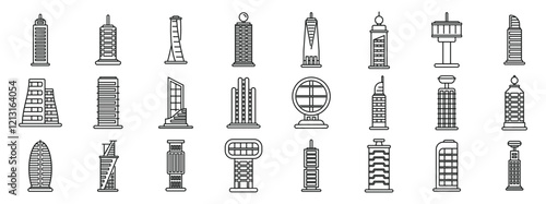 Futuristic metropolis architecture icons set. Line art icons representing various futuristic skyscrapers and towers, showcasing innovative architectural designs in a modern urban landscape