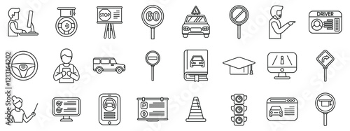 Driving school lessons icons set. Driving school icons depict learning process, from online theory tests and classroom lessons to practical driving and road signs