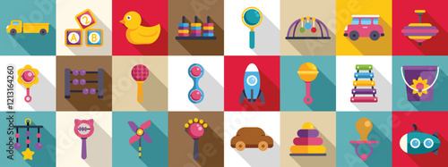 First babies toys icons set. Engaging collection of baby toys fostering creativity, motor skills, and cognitive development in infants and toddlers