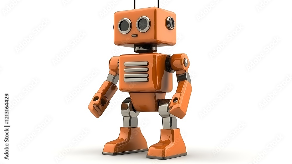 Retro toy robot with old-fashioned design standing isolated on white background