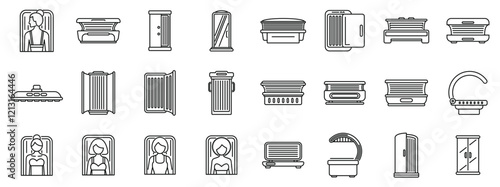 Woman solarium icons set. Set of simple icons of solarium equipment and women using tanning beds, booths and lamps for sunbathing