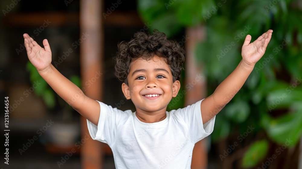 Joyful Toddler with Arms Raised Outdoors on a Summer Day Joyful Toddler with Arms Raised Outdoors on a Summer Day