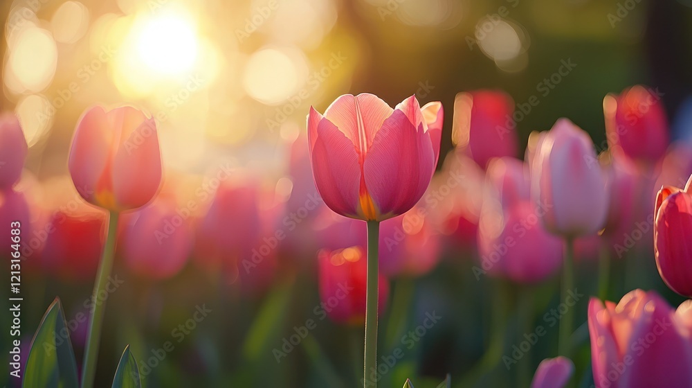 An expansive tulip field in full bloom during spring. An expansive tulip field in full bloom during spring.