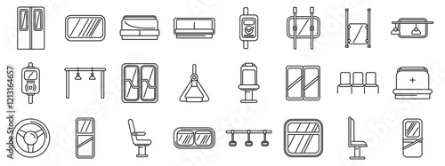 Bus interior icons set. Linear icons of public transport interior elements including seats, doors, windows, handrails, and other essential components