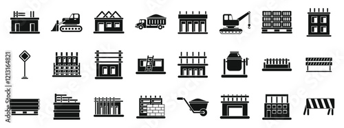 Unfinished house construction icons set. Set of building construction icons depicting different stages, equipment, and materials involved in constructing houses and buildings