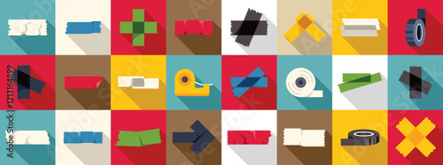 Duct tape icons set. Collection of colorful adhesive tapes, including masking tape, duct tape, and transparent tape, along with a tape dispenser, presented in a grid format with varying shapes and
