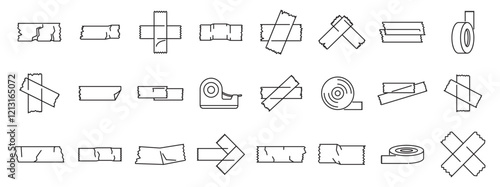 Duct tape icons set. Set of minimal adhesive tape icons, showcasing various shapes and styles, including a tape dispenser, for packaging or repair concepts