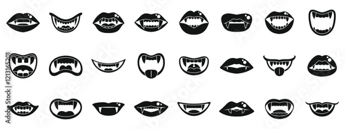 Vampire mouth icons set. Vampire lips and mouths showing fangs baring teeth icons set simple style