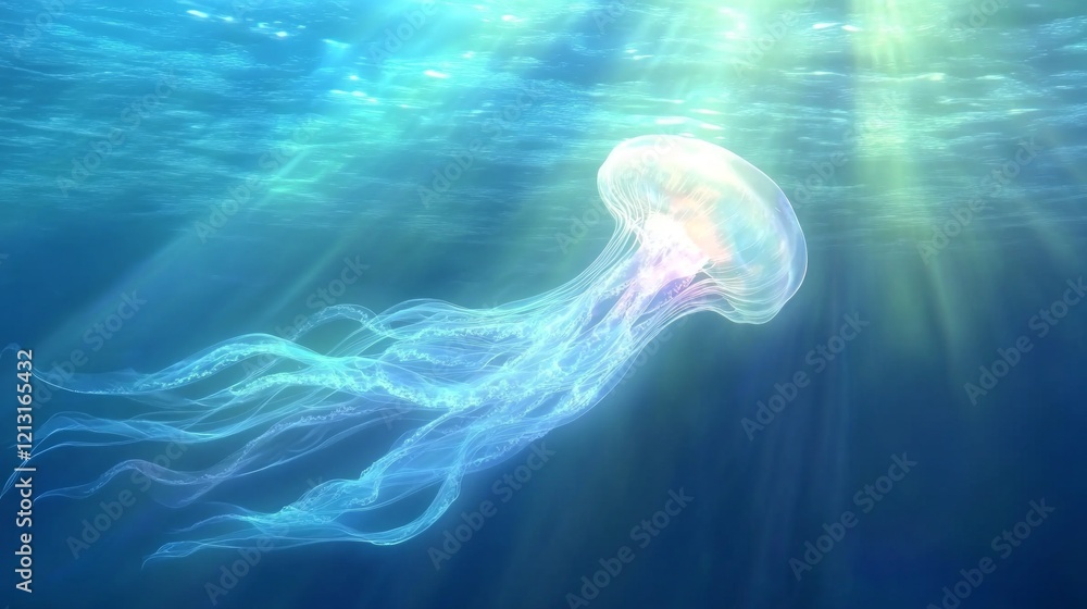 Naklejka premium Graceful jellyfish in sunlit ocean waters