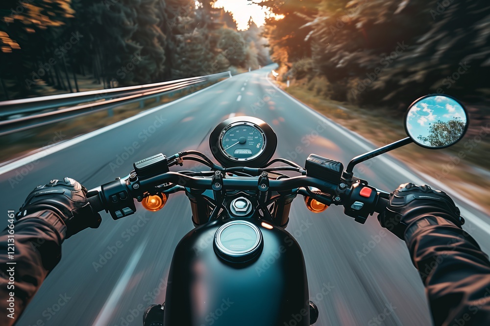 Naklejka premium Biker rides on road. First-person view.