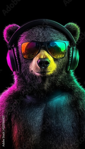 Wallpaper Mural Neon Party Animal Portrait of a Cool Bear Wearing Headphones and, Sunglasses on a Black Background Torontodigital.ca