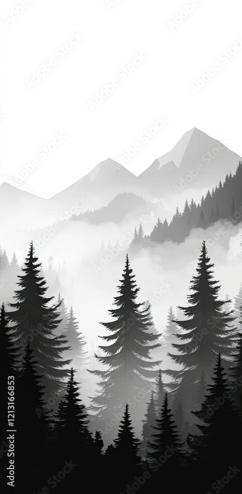 Fototapeta premium A black and white minimalist wallpaper of a foggy forest, with a foggy mountain and pine trees in the background