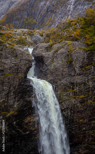 The river Månaåna calves through the landscape making the  Manafossen waterfall in Gjesdal municipality in Rogaland county.. photo