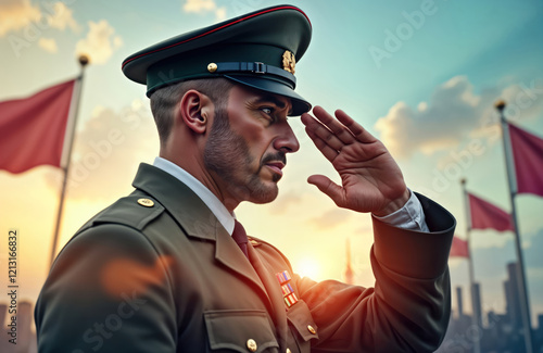 Military officer saluting outdoors. Soldier in uniform honors flag. National banners. Outdoor ceremony. Militaristic scene. Patriotic. Respectful tribute. Dedicated service. Formal setting. Honor, photo