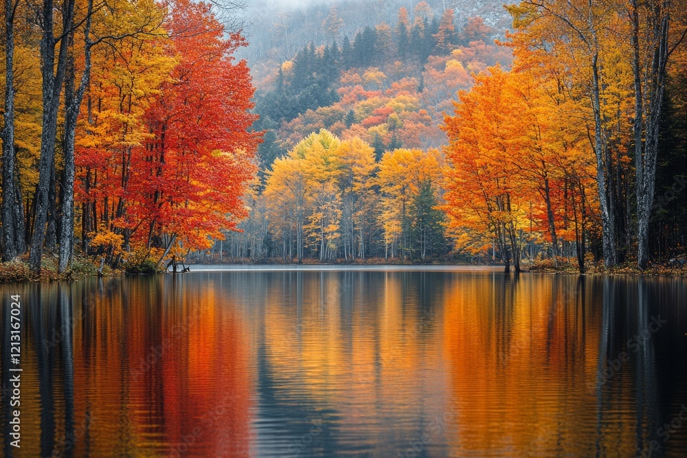 Fototapeta premium Vibrant autumn forest reflected in tranquil lake