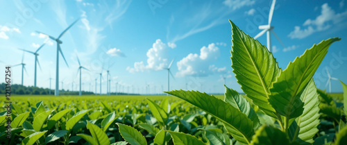 wide landscape view of wind mills through plant bush leaves and blue open sky with white clouds in day time 