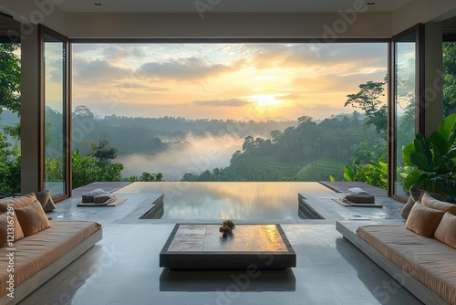 luxurious modern villa interior framing a stunning tropical vista through floortoceiling windows overlooking balinese rice terraces and jungle at dawn ethereal morning mist photo