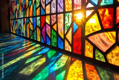 Wallpaper Mural Bright sunlight streams through a colorful stained glass window, casting vibrant patterns onto the floor. The glass features an intricate design, enhancing the serene atmosphere of the space Torontodigital.ca