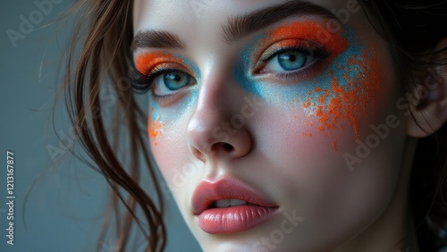 Experimental makeup on a woman with vibrant splashes of orange and blue, showcasing bold fashion creativity. photo