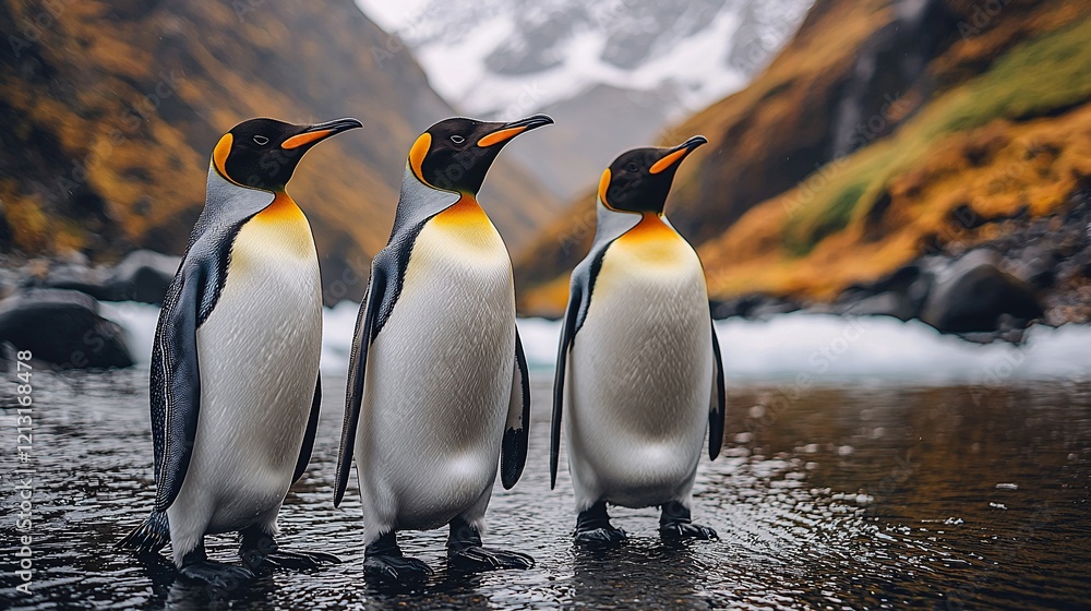Fototapeta premium Three king penguins standing by a river in a mountainous landscape.