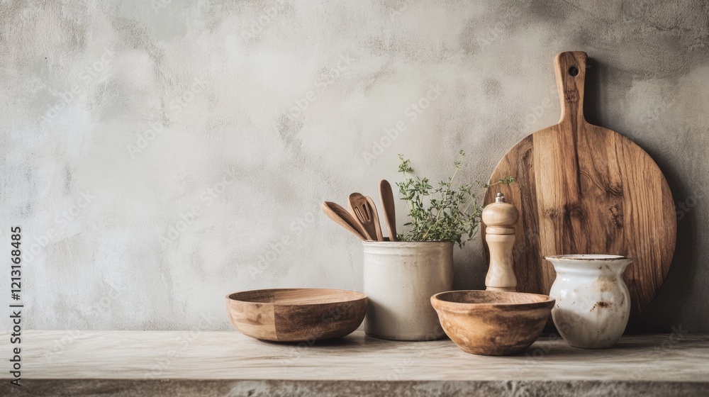 Rustic kitchen with wooden utensils and ceramics Rustic kitchen with wooden utensils and ceramics