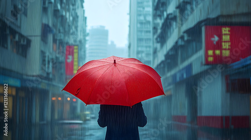 Wallpaper Mural Person holding red umbrella in heavy rain near city buildings Torontodigital.ca