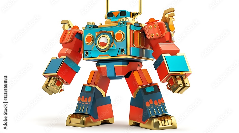 Fototapeta premium Retro toy robot isolated on a white background with colorful details