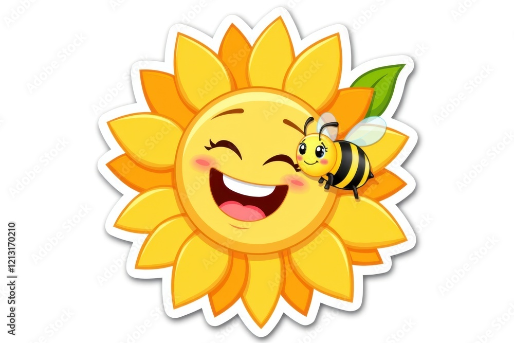 Sticker with a happy sunflower smiling brightly alongside a cheerful bee on a white background, joyful spring design concept Sticker with a happy sunflower smiling brightly alongside a cheerful bee on a white background, joyful spring design concept