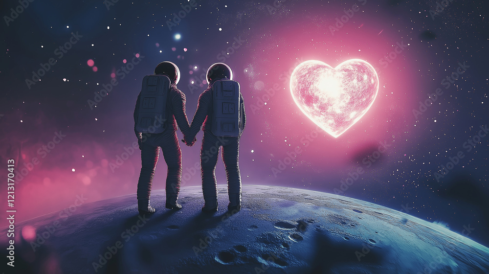 Obraz premium Two astronauts standing on a planet surface, holding hands and looking at a heart-shaped celestial body in space