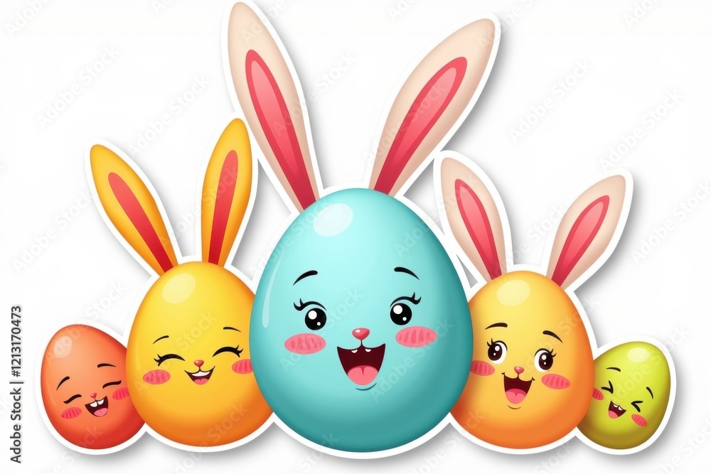 Sticker with a group of vibrant Easter eggs with playful expressions and bunny ears on a white background, cheerful holiday design concept Sticker with a group of vibrant Easter eggs with playful expressions and bunny ears on a white background, cheerful holiday design concept