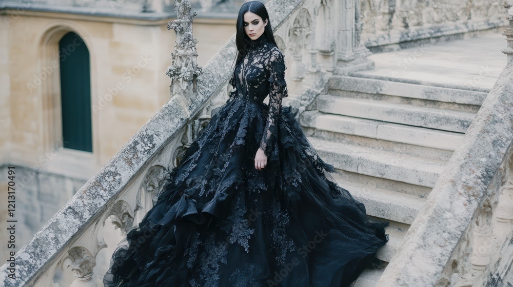 Dark Romance: A captivating portrait of a woman in a stunning black gown, standing on grand stone steps. Her elegant form, flowing gown, and the captivating backdrop create an alluring aura. Dark Romance: A captivating portrait of a woman in a stunning black gown, standing on grand stone steps. Her elegant form, flowing gown, and the captivating backdrop create an alluring aura.