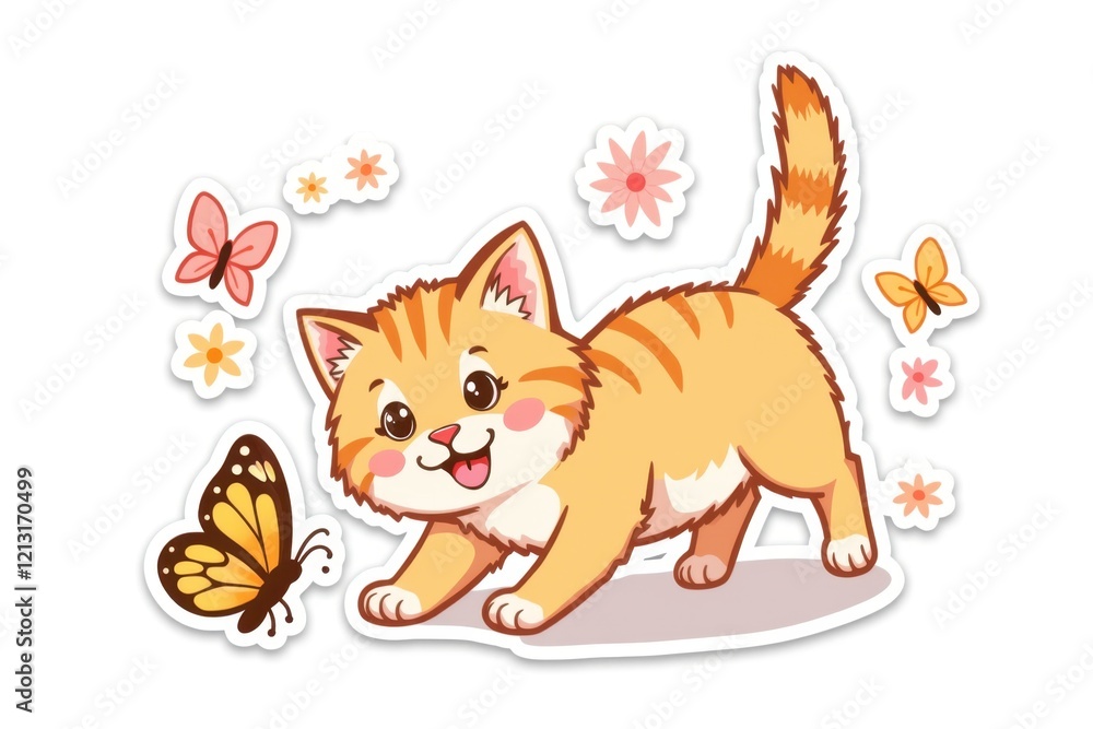 Obraz premium Sticker with a playful orange kitten pouncing on a butterfly surrounded by colorful flowers and sparkles on a white background, whimsical and cheerful design concept.