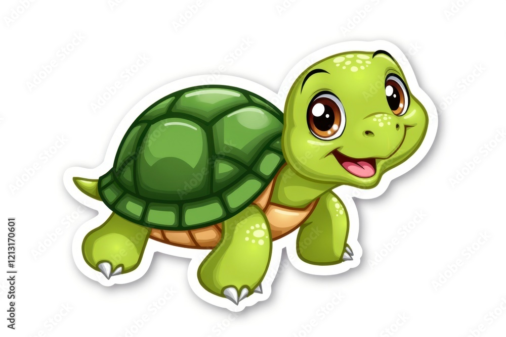 Fototapeta premium Sticker with a cheerful happy turtle waving its flipper on a white background, joyful and playful design concept.