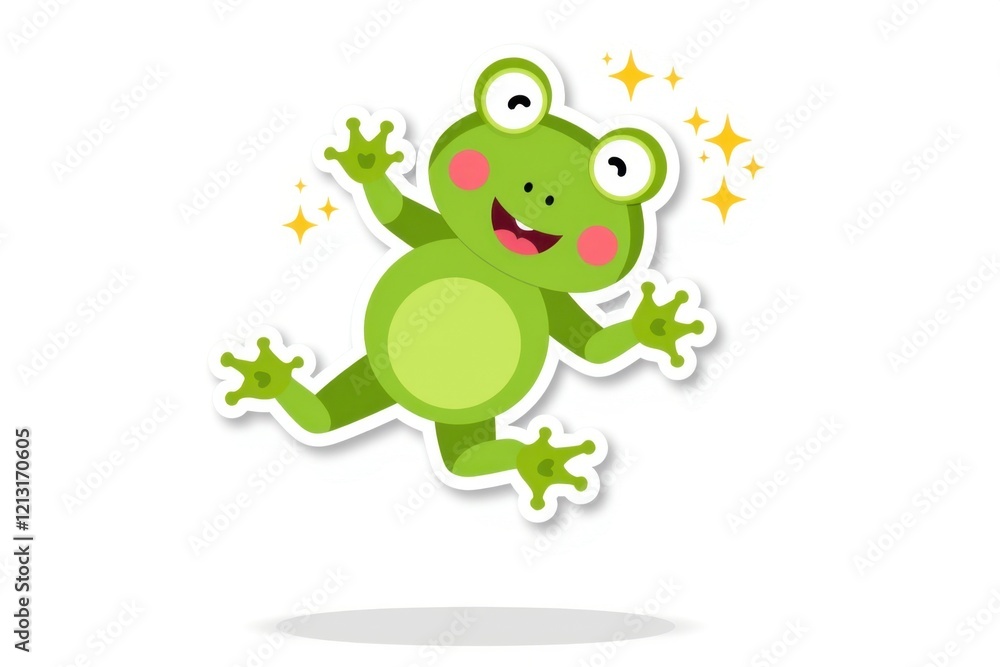 Sticker with a cute frog leaping with joy and sparkling trail on a white background, cheerful design concept. Sticker with a cute frog leaping with joy and sparkling trail on a white background, cheerful design concept.