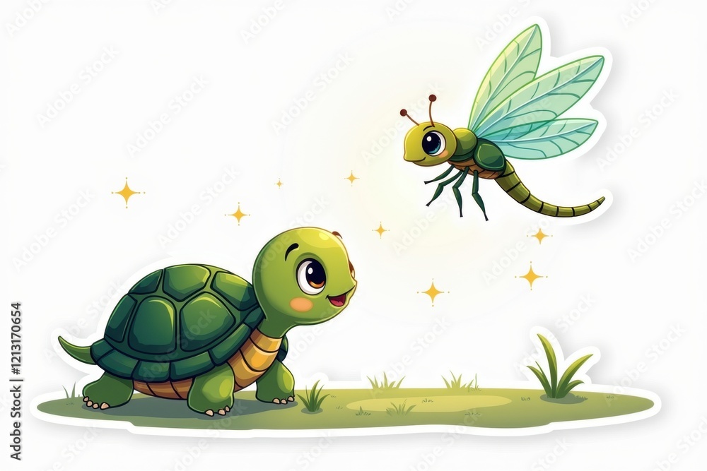 Sticker with a cheerful friendly turtle looking up at a glowing dragonfly surrounded by sparkles on a white background, whimsical nature design concept Sticker with a cheerful friendly turtle looking up at a glowing dragonfly surrounded by sparkles on a white background, whimsical nature design concept